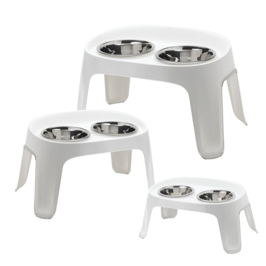 Elevated dog bowls with splash clearance guard